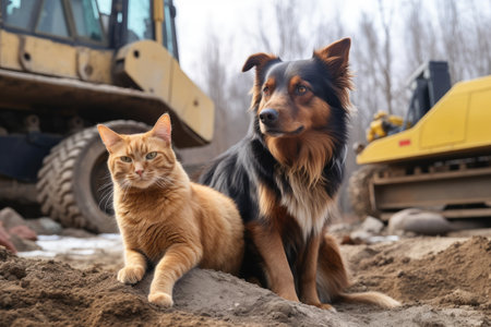 gatito y perro en una construccion